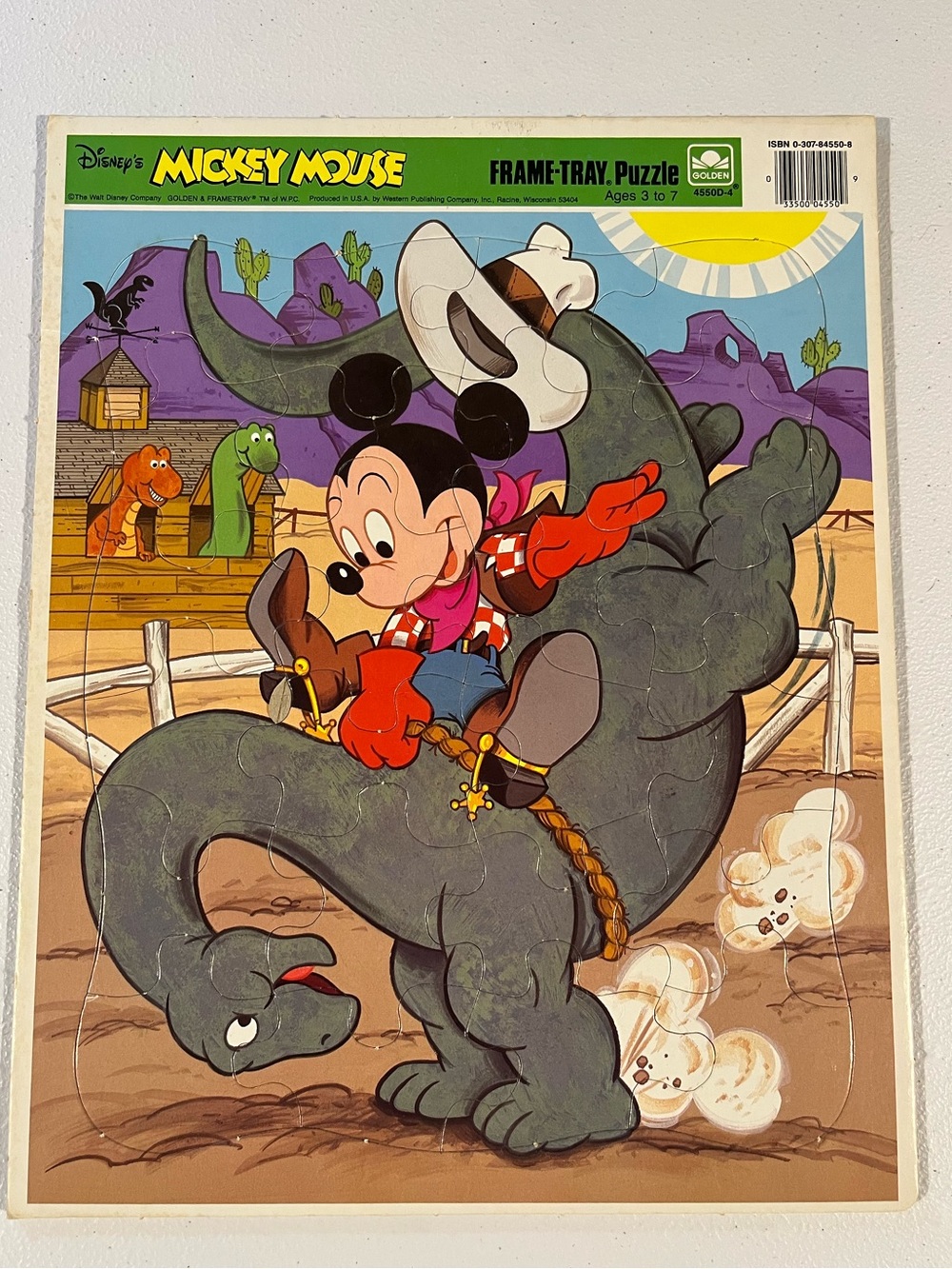 Vintage 1980s Mickey Mouse Dinosaur Cowboy Disney Frame Tray Puzzle